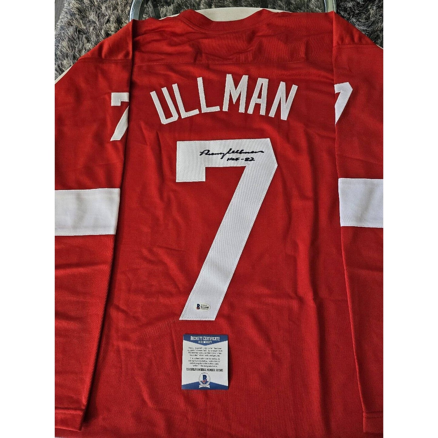 Norm Ullman Autographed/Signed Jersey Beckett COA Detroit Red Wings HOF