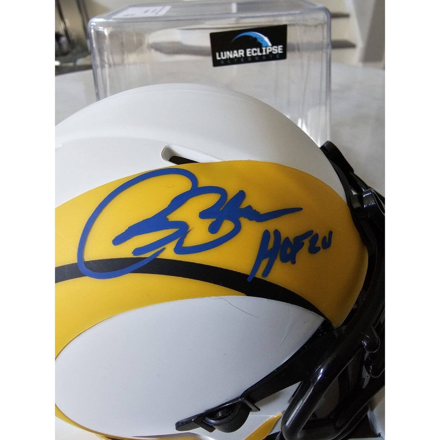 Isaac Bruce Autographed/Signed Mini Helmet Beckett Sticker LA Rams Lunar Eclipse
