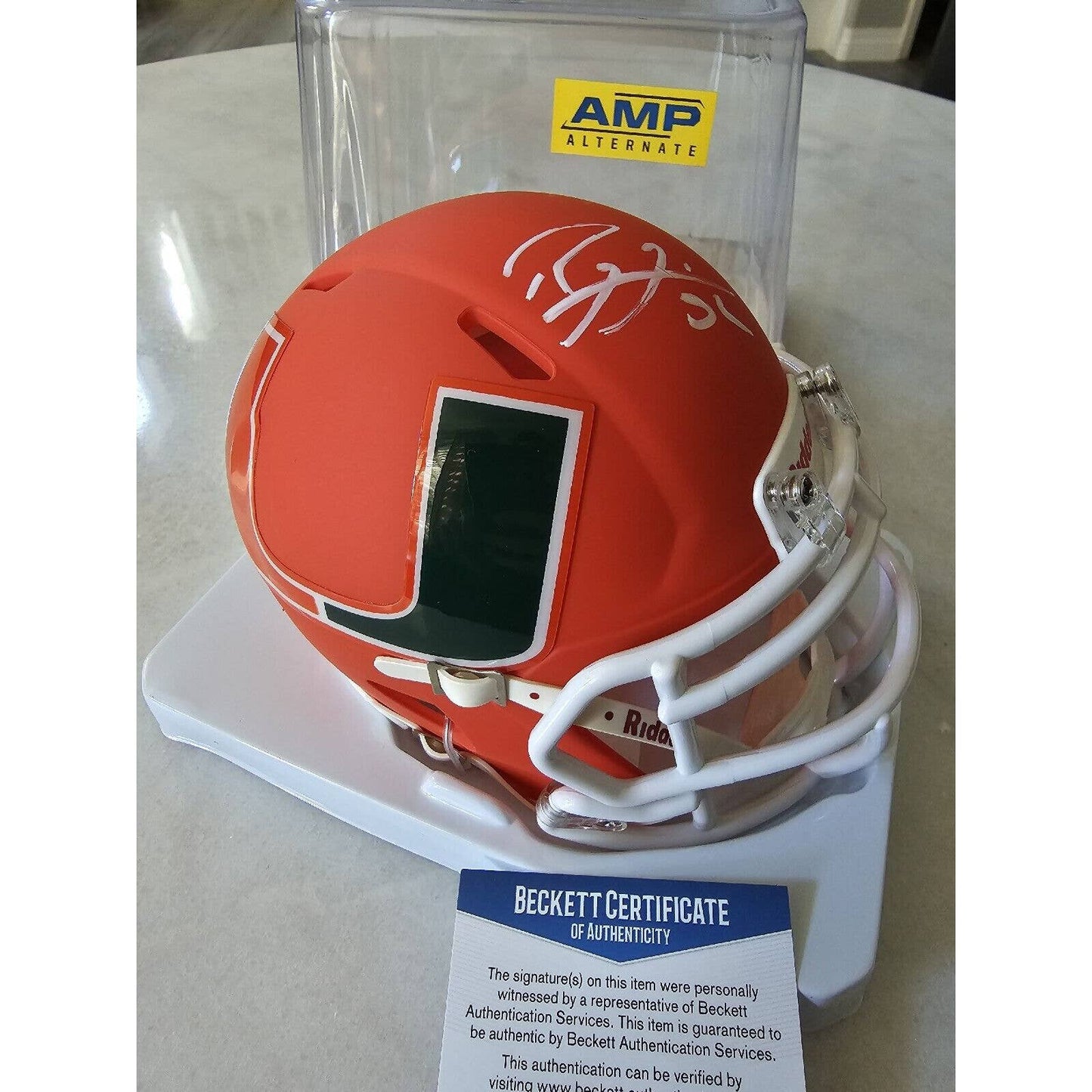 Ray Lewis Autographed/Signed Mini Helmet Beckett Miami Hurricanes Amp Alternate