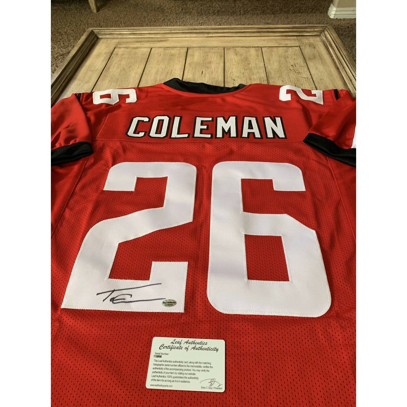 Tevin Coleman Autographed/Signed Jersey LEAF COA Atlanta Falcons - TreasuresEvolved