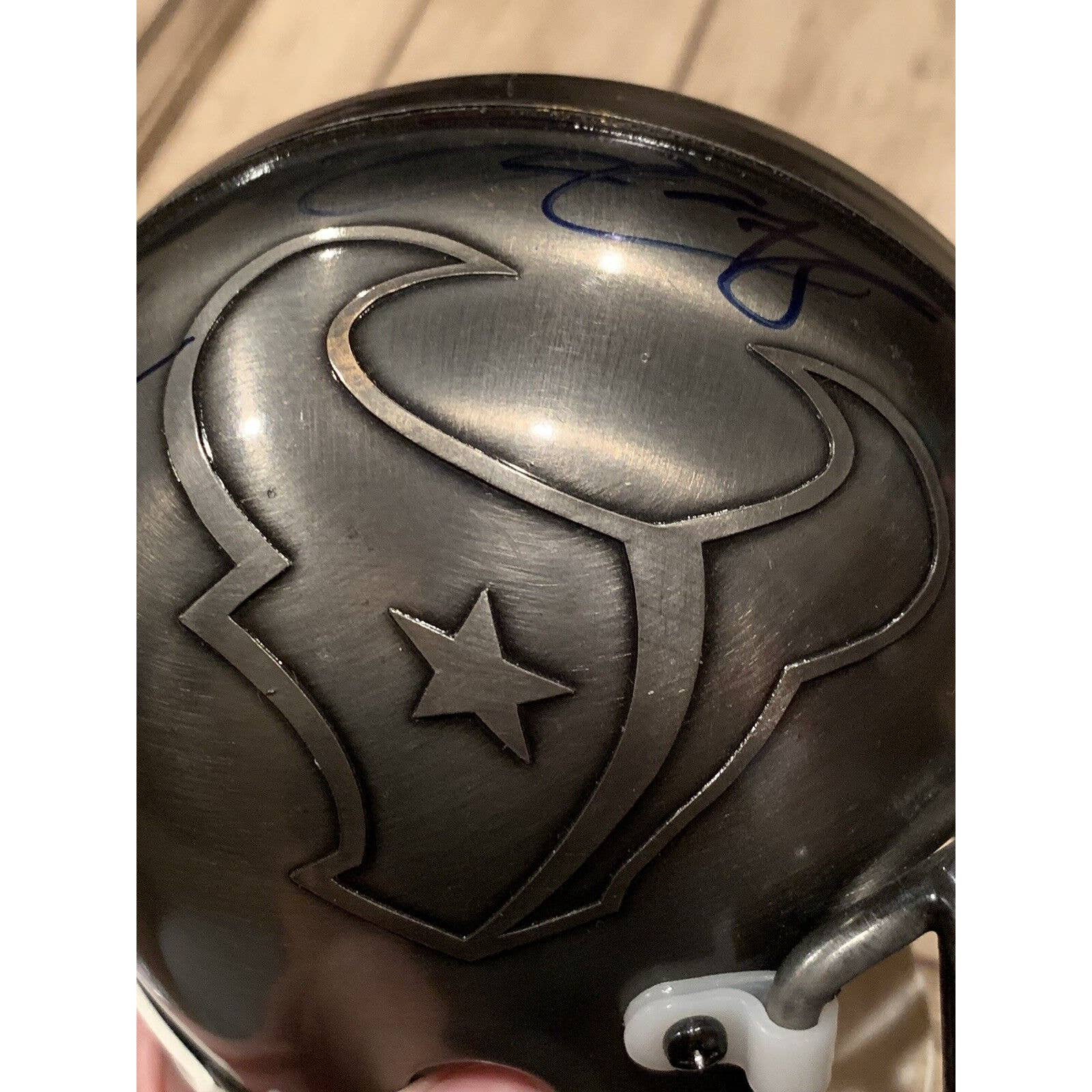 Andre Johnson David Carr Autographed/Signed Pewter Mini Helmet Houston Texans - TreasuresEvolved