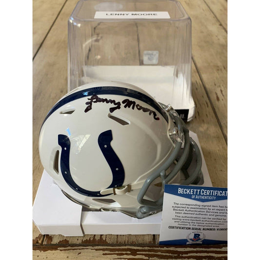 Lenny Moore Autographed/Signed Mini Helmet Beckett COA Indianapolis Colts A - TreasuresEvolved