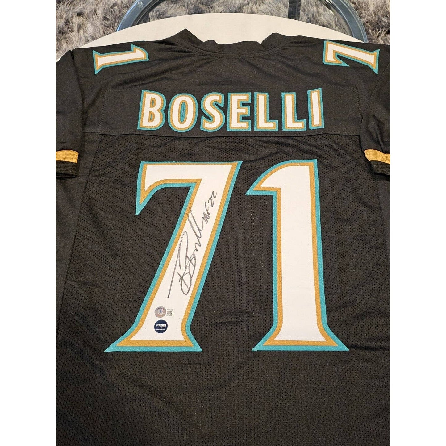 Tony Boselli Autographed/Signed Jersey Beckett Sticker Jacksonville Jaguars - TreasuresEvolved